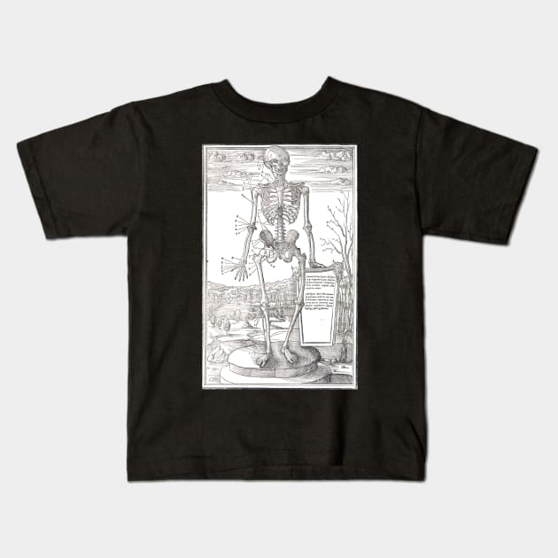 Anatomical skeleton illustration from De dissectione partium corporis humani libri tres published circa 1545 (Cleaned to remove bleed thru text) Kids T-Shirt by artfromthepast